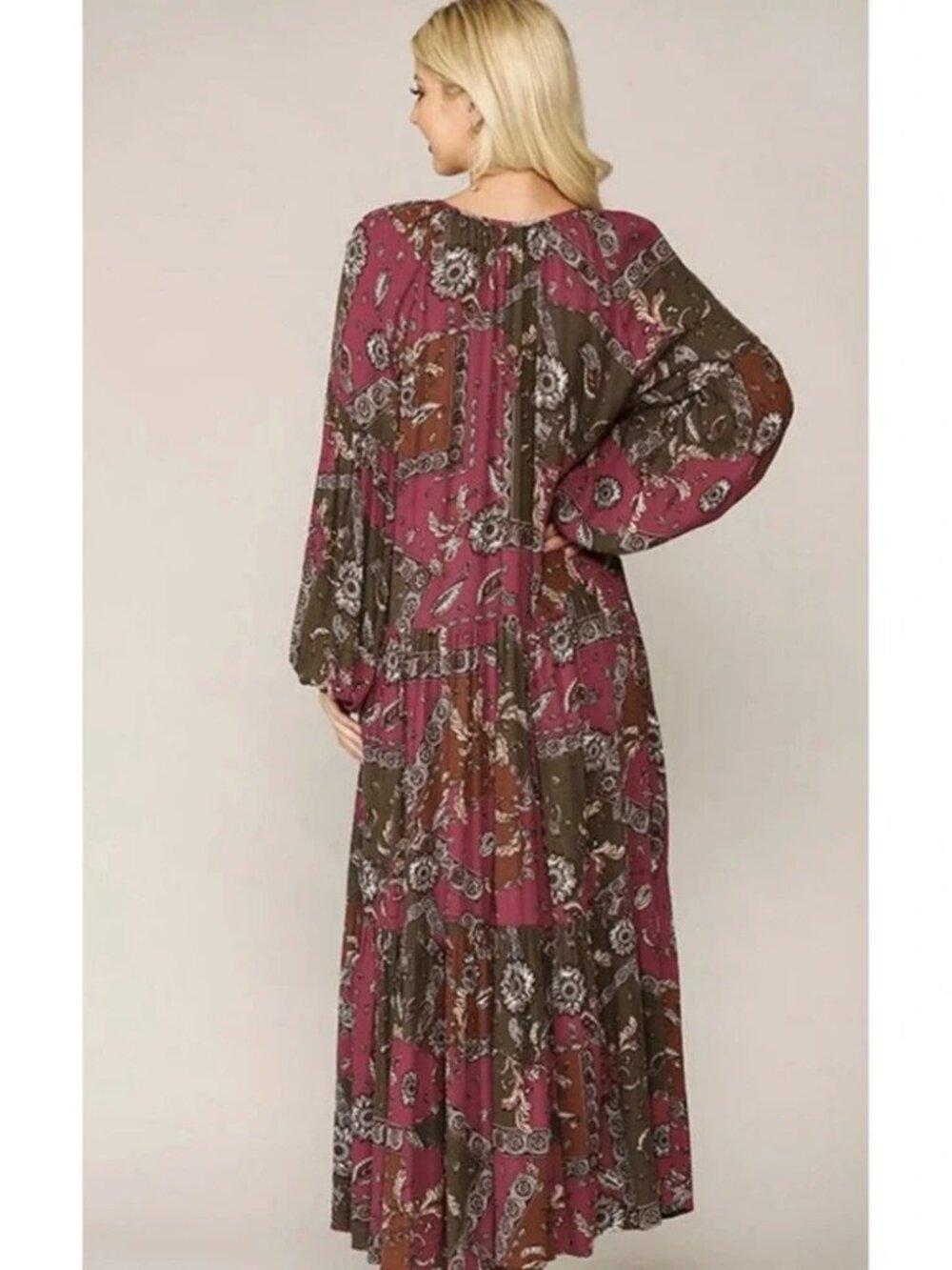 GiGIO‎ Boho Paisley Maxi Dress Women V Neck Long Sleeve Fall Style New Small - Picture 3 of 3